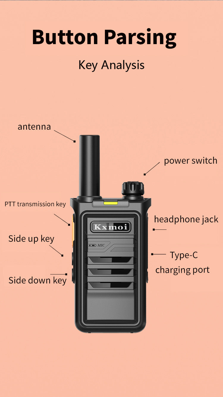 Kxmoi T2 Walkie Talkie PTT Two Way Radio For Outdoor Offroad Hiking Activities